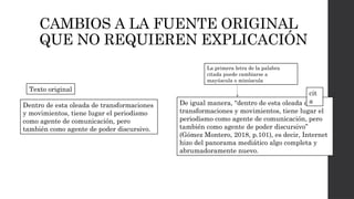CAMBIOS A LA FUENTE ORIGINAL
QUE NO REQUIEREN EXPLICACIÓN
Dentro de esta oleada de transformaciones
y movimientos, tiene lugar el periodismo
como agente de comunicación, pero
también como agente de poder discursivo.
Texto original
De igual manera, “dentro de esta oleada de
transformaciones y movimientos, tiene lugar el
periodismo como agente de comunicación, pero
también como agente de poder discursivo”
(Gómez Montero, 2018, p.101), es decir, Internet
hizo del panorama mediático algo completa y
abrumadoramente nuevo.
cit
a
La primera letra de la palabra
citada puede cambiarse a
mayúscula o minúscula
 