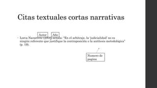 Citas textuales cortas narrativas
• Lorca Navarrete (2008) señala: “En el arbitraje, la ‘judicialidad’ no es
ningún referente que justifique la contraposición o la antítesis metodológica”
(p. 19).
Autor Año
Numero de
pagina
 