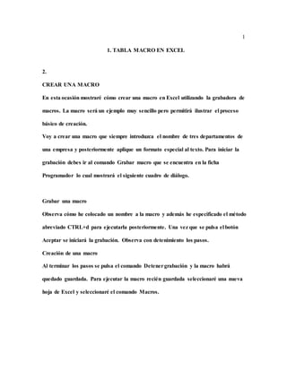 1
1. TABLA MACRO EN EXCEL
2.
CREAR UNA MACRO
En esta ocasión mostraré cómo crear una macro en Excel utilizando la grabadora de
macros. La macro será un ejemplo muy sencillo pero permitirá ilustrar el proceso
básico de creación.
Voy a crear una macro que siempre introduzca el nombre de tres departamentos de
una empresa y posteriormente aplique un formato especial al texto. Para iniciar la
grabación debes ir al comando Grabar macro que se encuentra en la ficha
Programador lo cual mostrará el siguiente cuadro de diálogo.
Grabar una macro
Observa cómo he colocado un nombre a la macro y además he especificado el método
abreviado CTRL+d para ejecutarla posteriormente. Una vez que se pulsa el botón
Aceptar se iniciará la grabación. Observa con detenimiento los pasos.
Creación de una macro
Al terminar los pasos se pulsa el comando Detenergrabación y la macro habrá
quedado guardada. Para ejecutar la macro recién guardada seleccionaré una nueva
hoja de Excel y seleccionaré el comando Macros.
 