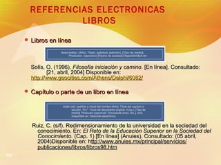 39
REFERENCIAS ELECTRONICAS
LIBROS
 Libros en líneaLibros en línea
Solís, O. (1996).Solís, O. (1996). Filosofía iniciació...