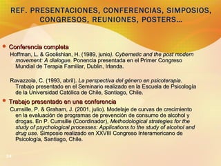 REF. PRESENTACIONES, CONFERENCIAS, SIMPOSIOS,
CONGRESOS, REUNIONES, POSTERS…

 Conferencia completa

Hoffman, L. & Goolis...