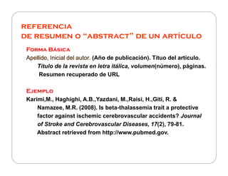 referencia
de resumen o “abstract” de un artículo
Forma Básica
Apellido, Inicial del autor.Apellido, Inicial del autor.Apellido, Inicial del autor.Apellido, Inicial del autor. (Año de publicación). Títuo del artículo.
Título de la revista en letra itálica, volumen(número), páginas.
Resumen recuperado de URL
EjemploEjemplo
Karimi,M., Haghighi, A.B.,Yazdani, M.,Raisi, H.,Giti, R. &
Namazee, M.R. (2008). Is beta-thalassemia trait a protective
factor against ischemic cerebrovascular accidents? Journal
of Stroke and Cerebrovascular Diseases, 17(2), 79-81.
Abstract retrieved from http://www.pubmed.gov.
 