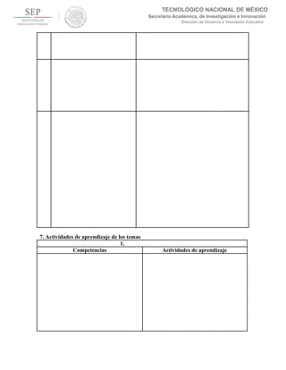 TECNOLÓGICO NACIONAL DE MÉXICO
Secretaría Académica, de Investigación e Innovación
Dirección de Docencia e Innovación Educativa
7. Actividades de aprendizaje de los temas
1.
Competencias Actividades de aprendizaje
 