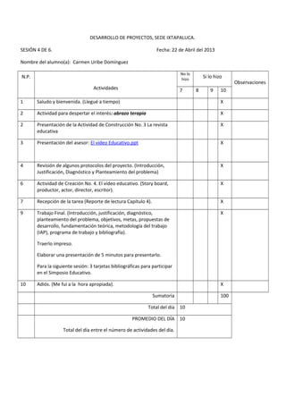 DESARROLLO DE PROYECTOS, SEDE IXTAPALUCA.

SESIÓN 4 DE 6.                                                    Fecha: 22 de Abril del 2013

Nombre del alumno(a): Carmen Uribe Domínguez

                                                                             No lo
N.P.                                                                         hizo
                                                                                         Sí lo hizo
                                                                                                        Observaciones
                                  Actividades                                7       8      9     10

1      Saludo y bienvenida. (Llegué a tiempo)                                                     X

2      Actividad para despertar el interés: abrazo terapia                                        X

2      Presentación de la Actividad de Construcción No. 3 La revista                              X
       educativa

3      Presentación del asesor: El vídeo Educativo.ppt                                            X



4      Revisión de algunos protocolos del proyecto. (Introducción,                                X
       Justificación, Diagnóstico y Planteamiento del problema)

6      Actividad de Creación No. 4. El vídeo educativo. (Story board,                             X
       productor, actor, director, escritor).

7      Recepción de la tarea (Reporte de lectura Capítulo 4).                                     X

9      Trabajo Final. (Introducción, justificación, diagnóstico,                                  X
       planteamiento del problema, objetivos, metas, propuestas de
       desarrollo, fundamentación teórica, metodología del trabajo
       (IAP), programa de trabajo y bibliografía).

       Traerlo impreso.

       Elaborar una presentación de 5 minutos para presentarlo.

       Para la siguiente sesión: 3 tarjetas bibliográficas para participar
       en el Simposio Educativo.

10     Adiós. (Me fui a la hora apropiada).                                                       X

                                                                Sumatoria                         100

                                                              Total del día 10

                                                      PROMEDIO DEL DÍA 10

                   Total del día entre el número de actividades del día.
 