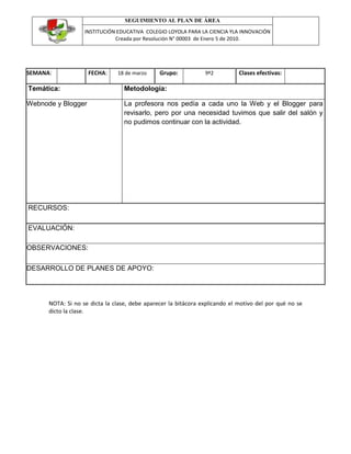 SEGUIMIENTO AL PLAN DE ÁREA
INSTITUCIÓN EDUCATIVA COLEGIO LOYOLA PARA LA CIENCIA YLA INNOVACIÓN
Creada por Resolución N° 00003 de Enero 5 de 2010.
SEMANA: FECHA: 18 de marzo Grupo: 9º2 Clases efectivas:
Temática: Metodología:
Webnode y Blogger La profesora nos pedía a cada uno la Web y el Blogger para
revisarlo, pero por una necesidad tuvimos que salir del salón y
no pudimos continuar con la actividad.
RECURSOS:
EVALUACIÓN:
OBSERVACIONES:
DESARROLLO DE PLANES DE APOYO:
NOTA: Si no se dicta la clase, debe aparecer la bitácora explicando el motivo del por qué no se
dicto la clase.