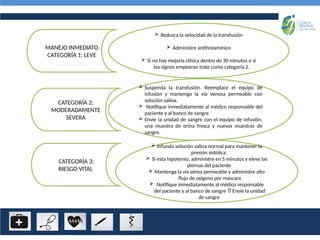 MANEJO INMEDIATO
CATEGORÍA 1: LEVE
 Reduzca la velocidad de la transfusión
 Administre antihistamínico
 Si no hay mejoría clínica dentro de 30 minutos o si
los signos empeoran trate como categoría 2.
CATEGORÍA 2:
MODERADAMENTE
SEVERA
CATEGORÍA 3:
RIESGO VITAL
 Suspenda la transfusión. Reemplace el equipo de
infusión y mantenga la vía venosa permeable con
solución salina.
 Notifique inmediatamente al médico responsable del
paciente y al banco de sangre.
 Envíe la unidad de sangre con el equipo de infusión,
una muestra de orina fresca y nuevas muestras de
sangre.
 Infunda solución salina normal para mantener la
presión sistólica.
 Si esta hipotenso, administre en 5 minutos y eleve las
piernas del paciente
 Mantenga la vía aérea permeable y administre alto
flujo de oxigeno por mascara
 Notifique inmediatamente al médico responsable
del paciente y al banco de sangre Envíe la unidad

de sangre
 