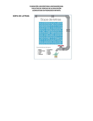 FUNDACIÓN UNIVERSITARIA UNIPANAERICANA
FACULTAD DE CIENCIAS DE LA EDUCACIÓN
LICENCIATURA EN PEDAGOGÍA INFANTIL
SOPA DE LETRAS:
 