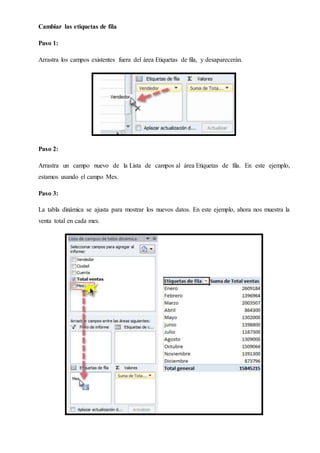 Cambiar las etiquetas de fila
Paso 1:
Arrastra los campos existentes fuera del área Etiquetas de fila, y desaparecerán.
Paso 2:
Arrastra un campo nuevo de la Lista de campos al área Etiquetas de fila. En este ejemplo,
estamos usando el campo Mes.
Paso 3:
La tabla dinámica se ajusta para mostrar los nuevos datos. En este ejemplo, ahora nos muestra la
venta total en cada mes.
 