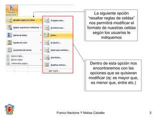 La siguiente opción “resaltar reglas de celdas” nos permitirá modificar el formato de nuestras celdas según los usuarios le indiquemos Dentro de esta opción nos encontraremos con las opciones que se quisieran modificar (ej: es mayor que, es menor que, entre etc.) 