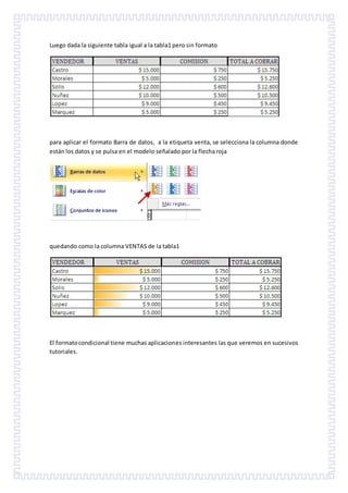 Luego dada la siguiente tabla igual a la tabla1 pero sin formato
para aplicar el formato Barra de datos, a la etiqueta venta, se selecciona la columna donde
están los datos y se pulsa en el modelo señalado por la flecha roja
quedando como la columna VENTAS de la tabla1
El formatocondicional tiene muchas aplicaciones interesantes las que veremos en sucesivos
tutoriales.
 