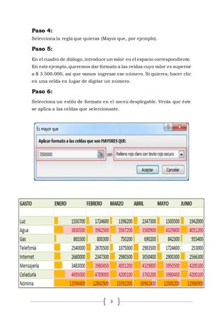 3
Paso 4:
Selecciona la regla que quieras (Mayor que, por ejemplo).
Paso 5:
En el cuadro de diálogo, introduce un valor en el espacio correspondiente.
En este ejemplo, queremos dar formato a las celdas cuyo valor es superior
a $ 3.500.000, así que vamos ingresar ese número. Si quieres, hacer clic
en una celda en lugar de digitar un número.
Paso 6:
Selecciona un estilo de formato en el menú desplegable. Verás que éste
se aplica a las celdas que seleccionaste.
 
