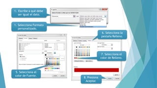 1. Escribe a qué debe
ser igual el dato.
1. Selecciona Formato
personalizado.
5. Selecciona el
color de Fuente.
7. Selecciona el
color de Relleno.
6. Selecciona la
pestaña Relleno.
8. Presiona
Aceptar.
 