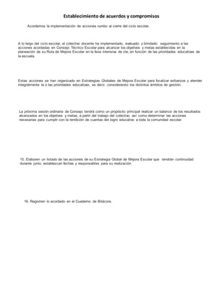 Establecimiento de acuerdos y compromisos
Acordemos la implementación de acciones rumbo al cierre del ciclo escolar.
A lo largo del ciclo escolar, el colectivo docente ha implementado, evaluado y brindado seguimiento a las
acciones acordadas en Consejo Técnico Escolar para alcanzar los objetivos y metas establecidas en la
planeación de su Ruta de Mejora Escolar en la fase intensiva de cte, en función de las prioridades educativas de
la escuela.
Estas acciones se han organizado en Estrategias Globales de Mejora Escolar para focalizar esfuerzos y atender
integralmente la o las prioridades educativas, es decir, considerando los distintos ámbitos de gestión.
La próxima sesión ordinaria de Consejo tendrá como un propósito principal realizar un balance de los resultados
alcanzados en los objetivos y metas, a partir del trabajo del colectivo, así como determinar las acciones
necesarias para cumplir con la rendición de cuentas del logro educativo a toda la comunidad escolar.
15. Elaboren un listado de las acciones de su Estrategia Global de Mejora Escolar que tendrán continuidad
durante junio; establezcan fechas y responsables para su realización.
16. Registren lo acordado en el Cuaderno de Bitácora.
 