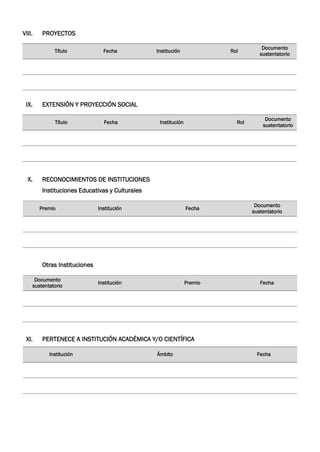 VIII. PROYECTOS
IX. EXTENSIÓN Y PROYECCIÓN SOCIAL
X. RECONOCIMIENTOS DE INSTITUCIONES
Instituciones Educativas y Culturales
Premio Institución Fecha
Documento
sustentatorio
Otras Instituciones
Documento
sustentatorio
Institución Premio Fecha
XI. PERTENECE A INSTITUCIÓN ACADÉMICA Y/O CIENTÍFICA
Institución Ámbito Fecha
Título Fecha Institución Rol
Documento
sustentatorio
Título Fecha Institución Rol
Documento
sustentatorio
 