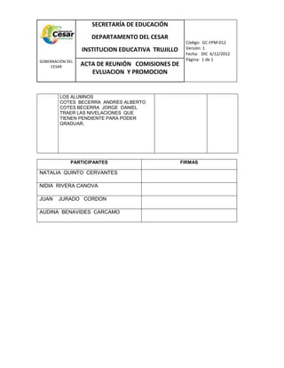 COM
GOBERNACIÓN DEL
CESAR
SECRETARÍA DE EDUCACIÓN
DEPARTAMENTO DEL CESAR
INSTITUCION EDUCATIVA TRUJILLO
Código: GC-FPM-012
Versión: 1
Fecha: DIC 6/12/2012
Página: 1 de 1
ACTA DE REUNIÓN COMISIONES DE
EVLUACION Y PROMOCION
LOS ALUMNOS
COTES BECERRA ANDRES ALBERTO
COTES BECERRA JORGE DANIEL
TRAER LAS NIVELACIONES QUE
TIENEN PENDIENTE PARA PODER
GRADUAR,
PARTICIPANTES FIRMAS
NATALIA QUINTO CERVANTES
NIDIA RIVERA CANOVA
JUAN JURADO CORDON
AUDINA BENAVIDES CARCAMO
 