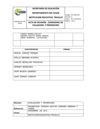 COM
GOBERNACIÓN DEL
CESAR
SECRETARÍA DE EDUCACIÓN
DEPARTAMENTO DEL CESAR
INSTITUCION EDUCATIVA TRUJILLO
Código: GC-FPM-012
Versión: 1
Fecha: DIC 6/12/2012
Página: 1 de 1
ACTA DE REUNIÓN COMISIONES DE
EVLUACION Y PROMOCION
LEMUS MUÑOZ SOLILAY
MEDINA GUETTE MARIA TERESA
MEZA HERRERA LUZ ESTHER
PARTICIPANTES FIRMAS
ODALIS CHAVEZ HERAZO
STELLA MENDIBIL ALEGRIA
CARLOS REVELLON FONTALVO
HERMES BERMUDES
JHON MOJICA GARRIDO
JUAN JURADO CARDON
Reunión: EVALUACION Y PROMOCION
Referencia
PROMOCION GRADOS SEXTOS JORNADA MAÑANA Y
TARDE
Fecha:
DICIEMBRE DE 2012
INSTITUCION EDUCATIVA TRUJILLO
 