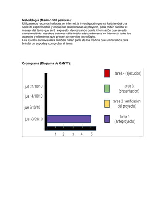 Metodología (Máximo 500 palabras):
Utilizaremos recursos hallados en internet, la investigación que se hará tendrá una
serie de experimentos y encuestas relacionadas al proyecto, para poder facilitar el
manejo del tema que será expuesto, demostrando que la información que se está
siendo recibida nosotros estamos utilizándola adecuadamente en internet y todas los
aparatos y elementos que presten un servicio tecnológico.
Las ayudas audiovisuales también harán parte de los medios que utilizaremos para
brindar un soporte y comprobar el tema.
Cronograma (Diagrama de GANTT):
 