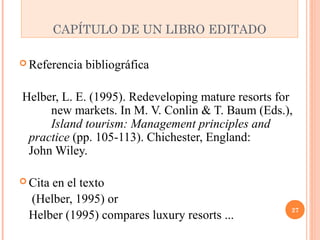 CAPÍTULO DE UN LIBRO EDITADO 
Referencia bibliográfica 
Helber, L. E. (1995). Redeveloping mature resorts for 
new markets. In M. V. Conlin & T. Baum (Eds.), 
Island tourism: Management principles and 
practice (pp. 105-113). Chichester, England: 
John Wiley. 
Cita en el texto 
(Helber, 1995) or 
Helber (1995) compares luxury resorts ... 27 
 
