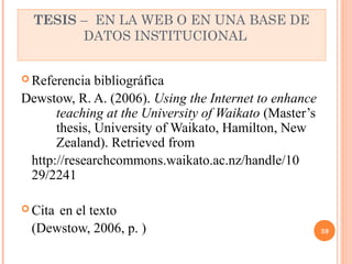 TESIS – EN LA WEB O EN UNA BASE DE 
DATOS INSTITUCIONAL 
Referencia bibliográfica 
Dewstow, R. A. (2006). Using the Internet to enhance 
teaching at the University of Waikato (Master’s 
thesis, University of Waikato, Hamilton, New 
Zealand). Retrieved from 
http://researchcommons.waikato.ac.nz/handle/10 
29/2241 
Cita en el texto 
(Dewstow, 2006, p. ) 39 
 