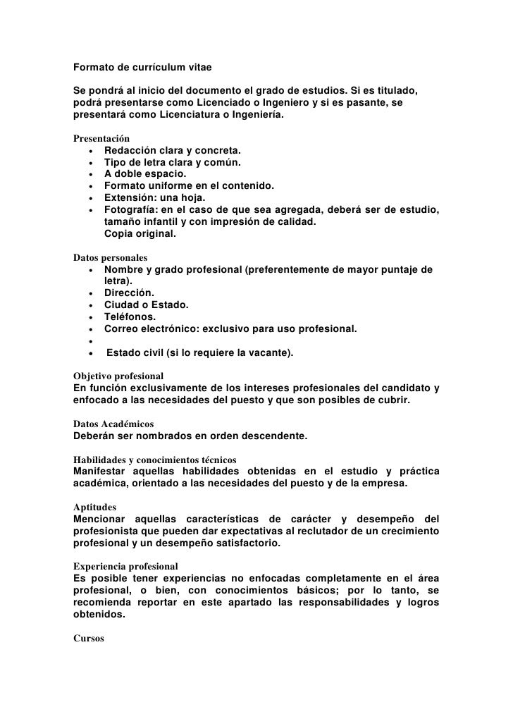 Formato de curriculum vitae