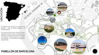 UBICACIÓN
ESTADIO OLÍMPICO
PALAU NACIONAL
PLAZA DE LAS CASCADAS
TORRE CALATRAVA
PALAU SANT JORDI
FIRA DE BARCELONA
FUENTE MÁGICA
PLAZA DE CARLES
BUIDAS
PUEBLO ESPAÑOL
PABELLÓN
ALEMÁN
El Pabellón está situado en el parque de
Montjuïc , entre la Fuente Mágica y el
Pueblo Español.
Las construcciones que lo rodean lo hacen
contrastar mucho, porque su estilo es muy
diferente. El edificio se levanta en la parte
mas baja de un terreno que hace un poco
de pendiente . En el fondo hay vegetación
destacándolo.
FUENTE MÁGICA
PABELLÓN DE BARCELONA
 