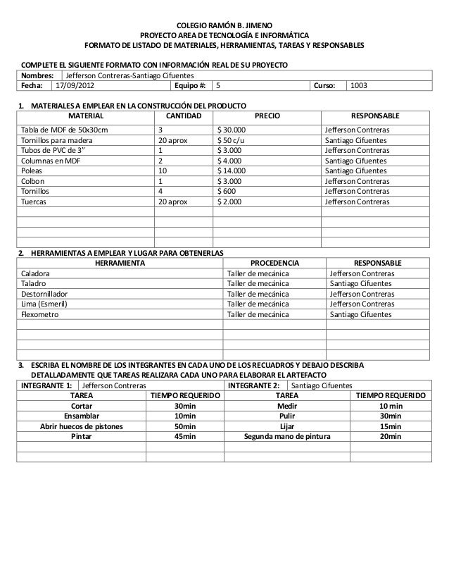 Formato de listado de materiales, herramientas, tareas y 