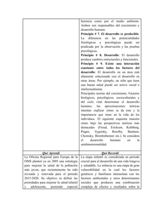 herencia como por el medio ambiente.
Ambos son responsables del crecimiento y
desarrollo humano.
Principio # 7. El desarrollo es predecible:
La diferencia en las potencialidades
fisiológicas y psicológicas puede ser
predicada por la observación y las pruebas
psicológicas.
Principio # 8. Desarrollo: El desarrollo
produce cambios estructurales y funcionales.
Principio # 9. Existe una interacción
constante entre todos los factores del
desarrollo: El desarrollo en un área está
altamente relacionado con el desarrollo en
otras áreas. Por ejemplo, un niño que tiene
una buena salud puede ser activo social e
intelectualmente.
Principales teorías del crecimiento, Factores
biológicos, psicológicos, socioculturales y
del ciclo vital determinan el desarrollo
humano; las aproximaciones teóricas
intentan explicar cómo se da éste y la
importancia que tiene en la vida de los
individuos. El siguiente esquema muestra
cómo bajo las perspectivas teóricas más
destacadas (Freud, Erickson, Kohlberg,
Piaget, Vygotsky, Bowlby, Bandura,
Chomsky, Bronfenbenner etc.). Se considera
el desarrollo humano en la
unidimensionalidad.
Qué Aprendí Qué Recordé
La Oficina Regional para Europa de la
OMS planteó ya en 2005 una estrategia
para mejorar la salud de la población
más joven, que recientemente ha sido
revisada y renovada para el periodo
2015-2020. Su objetivo es definir las
prioridades para mejorar la salud infantil
y adolescente, poniendo especial
La etapa infantil es considerada un periodo
crucial para el desarrollo de una vida longeva
y saludable. La infancia es una etapa de gran
vulnerabilidad en la cual los factores
genéticos y familiares interactúan con los
factores ambientales y otros determinantes
sociales que producen una combinación
compleja de efectos y resultados sobre la
 
