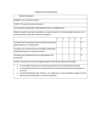 FORMATO DE METACOGNICION:

       DATOS PERSONALES

NOMBRE: Dora Luz Álvarez Tabares

CURSO: TICs para la innovación educativa

ACTIVIDAD DE APRENDIZAJE: DIVIRTAMONOS CON LOS NUMEROS JCLIC

Marca la respuesta que mejor se aproxime a su opinión, siendo 1 el mínimo puntaje y valoración y 5 el
máximo puntaje o valor que le atribuya a la pregunta

                                                               1        2        3       4       5

Considera que lo aprendido en esta actividad de aprendizaje                                      X
podría aplicarlo en su trabajo diario

Considera que el desarrollo de esta actividad ha fortalecido                                     X
habilidades propias de su quehacer docente

Considera que la experiencia de otros participantes lo ha                                        X
enriquecido

Escriba 3 conclusiones a los que ha llegado luego de realizar esta actividad de aprendizaje

        Las actividades interactivas son sencillas y llamativas para los estudiantes de preescolar
        La incorporación de las Tics en el desarrollo del currículo fortalece procesos de aprendizaje en
        los chicos.
        Los docentes debemos estar abiertos a los cambios que la nueva sociedad nos exige en pro de
        mejorar procesos formativos en nuestros estudiantes
 