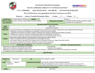 Secretaria de Educación de Guanajuato
ESCUELA PRIMARIA URBANA N° 4 “EUFRASIA PANTOJA”
C.C.T. 11EPR0189U ZONA ESCOLAR 551 SECTOR 501 CICLO ESCOLAR 2022-2023
PLAN SEMANAL correspondiente del 30 al 3 de febrero de 2023.
Docente: __Andrea Yamelín Hernández Hdez. _ Grado: ___1°_____ Grupo: __C____
ASIGNATURA Lengua Materna/ español ÁMBITO Literatura.
PRÁCTICA SOCIAL
DEL LENGUAJE
Lectura, escritura y escenificación de obras teatrales. APRENDIZAJE ESPERADO Lee obras de teatro infantil y participa en juegos
dramáticos de su imaginación.
SECUENCIA DIDÁCTICA (ACTIVIDADES)
LUNES Acto cívico
MARTES Suspensión de labores
MIÉRCOLES  Los alumnos harán una recapitulación de la escenografía y el vestuario que acordaron realizar para la obra. Página 95 del libro de texto.
 Elaborarán una lista de los materiales que necesitarán y dónde los pueden conseguir.
Organizaré a los alumnos en equipos y crearán comisiones para conseguir y elaborarán escenografía y vestuario.
JUEVES  Cotejarán que cuenten con todos los materiales para elaborar la escenografía y el vestuario.
 Con mi guía y supervisión, elaborarán la escenografía para la obra. Página 95 del libro de texto.
Observarán el trabajo realizado y retroalimentarán si existe algo que se pueda mejorar.
VIERNES  Harán comentarios sobre las características de los personajes de la obra.
 De manera colectiva, describirán cómo imaginan que es el vestuario de cada uno. Página 95 del libro de texto.
 Con la guía y supervisión del maestro, elaborarán el vestuario de los personajes.
Probarán el vestuario de cada personaje y harán los ajustes correspondientes.
EVALUACIÓN Y EVIDENCIAS MATERIAL Y RECURSOS DIDÁCTICOS
Observación y análisis del desarrollo de las actividades.
Elaboración de vestuario y escenografía para la obra.
Determinar si los alumnos: Escriben su nombre y el de otras personas, participan
en la elaboración de la escenografía y vestuario para la obra.
Libro de texto.
Cuaderno de la asignatura.
Materiales para elaborar la escenografía y el vestuario.
OBSERVACIONES
ASIGNATUR
A
Matemáticas EJE Forma, espacio y medida
TEMA Número. Adición y
sustracción
APRENDIZAJE ESPERADO Lee, escribe y ordena números naturales hasta 100.
Resuelve problemas de suma y resta con números naturales menores de 100.
Calcula mentalmente sumas y restas de números de una cifra y de múltiplos de 10.
SECUENCIA DIDÁCTICA (ACTIVIDADES)
LUNES Acto cívico
 