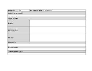 CLASE N° 01 FECHA - TIEMPO 90 minutos
OBJETIVO DE CLASE
ACTIVIDADES
INICIO
DESARROLLO
CIERRE
RECURSOS
EVALUACIÓN
ADECUACIONES NEE
 