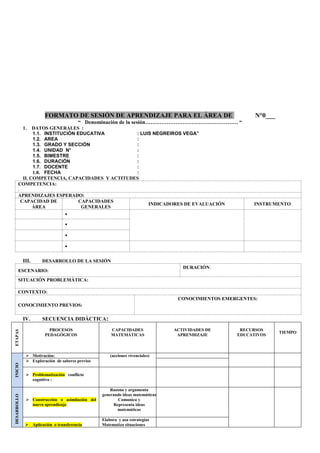 FORMATO DE SESIÓN DE APRENDIZAJE PARA EL ÁREA DE N°0___
“ Denominación de la sesión……………………………………………. “
1. DATOS GENERALES :
1.1. INSTITUCIÓN EDUCATIVA : LUIS NEGREIROS VEGA”
1.2. AREA :
1.3. GRADO Y SECCIÓN :
1.4. UNIDAD N° :
1.5. BIMESTRE :
1.6. DURACIÓN :
1.7. DOCENTE :
1.8. FECHA :
II. COMPETENCIA, CAPACIDADES Y ACTITUDES
COMPETENCIA:
.
APRENDIZAJES ESPERADO:
CAPACIDAD DE
ÁREA
CAPACIDADES
GENERALES
INDICADORES DE EVALUACIÓN INSTRUMENTO




III. DESARROLLO DE LA SESIÓN
ESCENARIO:
DURACIÓN:
SITUACIÓN PROBLEMÁTICA:
CONTEXTO:
CONOCIMIENTO PREVIOS:
CONOCIMIENTOS EMERGENTES:
IV. SECUENCIA DIDÁCTICA:
ETAPAS
PROCESOS
PEDAGÓGICOS
CAPACIDADES
MATEMÁTICAS
ACTIVIDADES DE
APRENDIZAJE
RECURSOS
EDUCATIVOS
TIEMPO
INICIO
 Motivación: (acciones vivenciales)
 Exploración de saberes previos
 Problematización conflicto
cognitivo :
DESARROLLO
 Construcción o asimilación del
nuevo aprendizaje:
Razona y argumenta
generando ideas matemáticas
Comunica y
Representa ideas
matemáticas
 Aplicación o transferencia
Elabora y usa estrategias
Matematiza situaciones
 