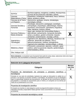 Química orgánica, inorgánica, analítica, fisicoquímica,
Química
                            química de los productos naturales y afines.
Ciencias                    Estadística, modelación matemática, física, biofísica,
Matemáticas y Física        óptica, acústica y afines.
Ciencias de la Tierra       Astronomía, geología, minería, climatología,
y el Espacio                sismología y afines.
                            Psicología, educación y pedagogía, sociología,
Ciencias Sociales y         antropología, arqueología, paleontología, historia,
Humanas                     economía, comunicación, periodismo, lingüística,
                            artes, literatura, música y afines.
                            Agua, gas, energía (de combustibles fósiles y
Servicios Públicos y
Medio Ambiente
                            alternativas), saneamiento, transporte (terrestre,
                            aéreo y acuático), gestión ambiental, impacto
                            ambiental, contaminación, reciclaje y afines.
                                                                                                X
                            Ingeniería civil, electrónica, eléctrica, mecánica o de
Ingenierías y               sistemas, desarrollo de software, TICs y
Tecnologías                 telecomunicaciones, robótica, bioingeniería,
                            ingeniería de materiales, nanotecnología y afines.
                            Promoción y prevención, atención, nutrición, salud
Medicina y Salud            pública, salud ocupacional, deporte, epidemiología,
                            enfermedades y afines
Otra. Indique cuál:

Nota aclaratoria: si consideran que el proyecto hace parte de varias áreas, seleccionar sólo la de mayor
relevancia. Esto nos facilitará su evaluación y búsqueda de asesor.



Selección de la categoría del proyecto:
                                                                                                Marque
                                        Categoría                                               con una
                                                                                                   X
Proyectos de        demostración       de    principios    y   procesos     científicos    y
tecnológicos
Consiste en una serie de actividades mediante las cuales se demuestra la validez de un
principio o se expresa un proceso científico o tecnológico. El propósito es que el estudiante
logre un aprendizaje mediante esa demostración, se apropie de ese conocimiento científico
                                                                                                  X
pre-existente, lo convierta en conocimiento para sí mismo y lo comparta con los demás por
medio de su presentación en la Feria.

Proyectos de investigación científica
El proyecto se inscribe en esta categoría cuando la pregunta formulada no tiene una
respuesta conocida y responderla implica generar nuevo conocimiento o re conceptualizar el
ya existente.

Proyectos de innovación tecnológica y social

                                                   2
 