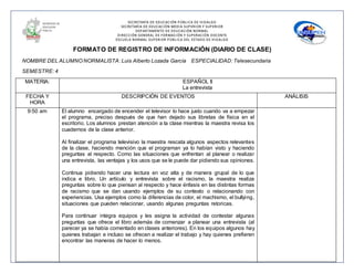 SECRETARÍA DE EDUCACIÓN PÚBLICA DE HIDALGO
SECRETARÌA DE EDUCACIÒN MEDIA SUPERIOR Y SUPERIOR
DEPARTAMENTO DE EDUCACIÒN NORMAL
DIRECCIÓN GENERAL DE FORMACIÓN Y SUPERACIÓN DOCENTE
ESCUELA NORMAL SUPERIOR PÚBLICA DEL ESTADO DE HIDALGO
FORMATO DE REGISTRO DE INFORMACIÓN (DIARIO DE CLASE)
NOMBRE DEL ALUMNO NORMALISTA: Luis Alberto Lozada García ESPECIALIDAD: Telesecundaria
SEMESTRE: 4
MATERIA: ESPAÑOL II
La entrevista
FECHA Y
HORA
DESCRIPCIÓN DE EVENTOS ANÁLISIS
9:50 am El alumno encargado de encender el televisor lo hace justo cuando va a empezar
el programa, preciso después de que han dejado sus libretas de física en el
escritorio. Los alumnos prestan atención a la clase mientras la maestra revisa los
cuadernos de la clase anterior.
Al finalizar el programa televisivo la maestra rescata algunos aspectos relevantes
de la clase, haciendo mención que el programan ya lo habían visto y haciendo
preguntas al respecto. Como las situaciones que enfrentan al planear o realizar
una entrevista, las ventajas y los usos que se le puede dar pidiendo sus opiniones.
Continua pidiendo hacer una lectura en voz alta y de manera grupal de lo que
indica e libro. Un artículo y entrevista sobre el racismo, la maestra realiza
preguntas sobre lo que piensan al respecto y hace énfasis en las distintas formas
de racismo que se dan usando ejemplos de su contexto o relacionando con
experiencias. Usa ejemplos como la diferencias de color, el machismo, el bullying,
situaciones que pueden relacionar, usando algunas preguntas retoricas.
Para continuar integra equipos y les asigna la actividad de contestar algunas
preguntas que ofrece el libro además de comenzar a planear una entrevista (al
parecer ya se había comentado en clases anteriores). En los equipos algunos hay
quienes trabajan e incluso se ofrecen a realizar el trabajo y hay quienes prefieren
encontrar las maneras de hacer lo menos.
 