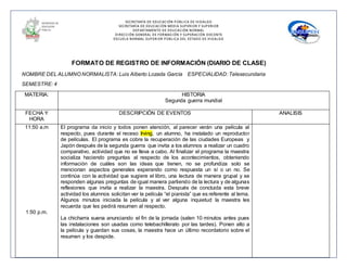 SECRETARÍA DE EDUCACIÓN PÚBLICA DE HIDALGO
SECRETARÌA DE EDUCACIÒN MEDIA SUPERIOR Y SUPERIOR
DEPARTAMENTO DE EDUCACIÒN NORMAL
DIRECCIÓN GENERAL DE FORMACIÓN Y SUPERACIÓN DOCENTE
ESCUELA NORMAL SUPERIOR PÚBLICA DEL ESTADO DE HIDALGO
FORMATO DE REGISTRO DE INFORMACIÓN (DIARIO DE CLASE)
NOMBRE DEL ALUMNO NORMALISTA: Luis Alberto Lozada García ESPECIALIDAD: Telesecundaria
SEMESTRE: 4
MATERIA: HISTORIA
Segunda guerra mundial
FECHA Y
HORA
DESCRIPCIÓN DE EVENTOS ANALISIS
11:50 a.m
1:50 p.m.
El programa da inicio y todos ponen atención, al parecer verán una película al
respecto, pues durante el receso Irving, un alumno, ha instalado un reproductor
de películas. El programa es cobre la recuperación de las ciudades Europeas y
Japón después de la segunda guerra que invita a los alumnos a realizar un cuadro
comparativo, actividad que no se lleva a cabo. Al finalizar el programa la maestra
socializa haciendo preguntas al respecto de los acontecimientos, obteniendo
información de cuáles son las ideas que tienen, no se profundiza solo se
mencionan aspectos generales esperando como respuesta un sí o un no. Se
continúa con la actividad que sugiere el libro, una lectura de manera grupal y se
responden algunas preguntas de igual manera partiendo de la lectura y de algunas
reflexiones que invita a realizar la maestra. Después de concluida esta breve
actividad los alumnos solicitan ver la película “el pianista” que es referente al tema.
Algunos minutos iniciada la película y al ver alguna inquietud la maestra les
recuerda que les pedirá resumen al respecto.
La chicharra suena anunciando el fin de la jornada (salen 10 minutos antes pues
las instalaciones son usadas como telebachillerato por las tardes). Ponen alto a
la película y guardan sus cosas, la maestra hace un último recordatorio sobre el
resumen y los despide.
 