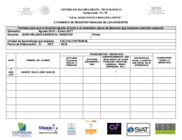 Formato de registro para uso de docentes 16 17