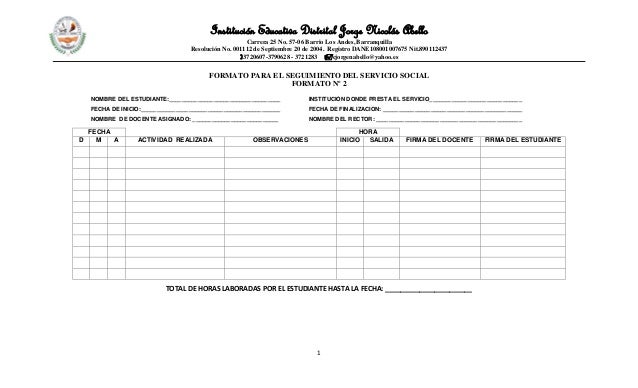 FORMATO 2 SEGUIMIENTO DEL SERVICIO SOCIAL