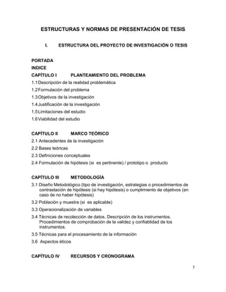 ESTRUCTURAS Y NORMAS DE PRESENTACIÓN DE TESIS
I. ESTRUCTURA DEL PROYECTO DE INVESTIGACIÓN O TESIS
PORTADA
INDICE
CAPÍTULO I PLANTEAMIENTO DEL PROBLEMA
1.1Descripción de la realidad problemática
1.2Formulación del problema
1.3Objetivos de la investigación
1.4Justificación de la investigación
1.5Limitaciones del estudio
1.6Viabilidad del estudio
CAPÍTULO II MARCO TEÓRICO
2.1 Antecedentes de la investigación
2.2 Bases teóricas
2.3 Definiciones conceptuales
2.4 Formulación de hipótesis (si es pertinente) / prototipo o producto
CAPÍTULO III METODOLOGÍA
3.1 Diseño Metodológico (tipo de investigación, estrategias o procedimientos de
contrastación de hipótesis (si hay hipótesis) o cumplimiento de objetivos (en
caso de no haber hipótesis)
3.2 Población y muestra (si es aplicable)
3.3 Operacionalización de variables
3.4 Técnicas de recolección de datos. Descripción de los instrumentos.
Procedimientos de comprobación de la validez y confiablidad de los
instrumentos.
3.5 Técnicas para el procesamiento de la información
3.6 Aspectos éticos
CAPÍTULO IV RECURSOS Y CRONOGRAMA
7
 