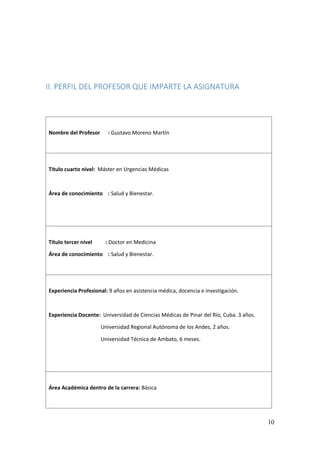 10
II. PERFIL DEL PROFESOR QUE IMPARTE LA ASIGNATURA
Nombre del Profesor : Gustavo Moreno Martín
Título cuarto nivel: Máster en Urgencias Médicas
Área de conocimiento : Salud y Bienestar.
Título tercer nivel : Doctor en Medicina
Área de conocimiento : Salud y Bienestar.
Experiencia Profesional: 9 años en asistencia médica, docencia e investigación.
Experiencia Docente: Universidad de Ciencias Médicas de Pinar del Río, Cuba. 3 años.
Universidad Regional Autónoma de los Andes, 2 años.
Universidad Técnica de Ambato, 6 meses.
Área Académica dentro de la carrera: Básica
 