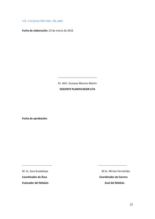 25
VII. VALIDACIÓN DEL SÍLABO
Fecha de elaboración: 23 de marzo de 2016
--------------------------------------------
Dr. MsC. Gustavo Moreno Martín
DOCENTE PLANIFICADOR UTA
Fecha de aprobación:
---------------------------------- ---------------------------------
M. Sc. Sara Guadalupe M.Sc. Miriam Fernández
Coordinador de Área Coordinador de Carrera
Evaluador del Módulo Aval del Módulo
 