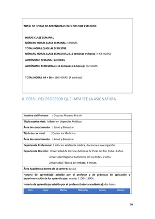 30
TOTAL DE HORAS DE APRENDIZAJE EN EL CICLO DE ESTUDIOS:
HORAS CLASE SEMANAL
NÚMERO HORAS CLASE SEMANAL: 4 HORAS
TOTAL HORAS CLASE AL SEMESTRE
NÚMERO HORAS CLASE SEMESTRAL: (16 semanas x4 horas ) = 64 HORAS
AUTÓNOMO SEMANAL: 6 HORAS
AUTÓNOMO SEMESTRAL: (16 Semanas x 6 horas)= 96 HORAS
TOTAL HORAS 64 + 96 = 160 HORAS (4 créditos)
II. PERFIL DEL PROFESOR QUE IMPARTE LA ASIGNATURA
Nombre del Profesor : Gustavo Moreno Martín
Título cuarto nivel: Máster en Urgencias Médicas
Área de conocimiento : Salud y Bienestar.
Título tercer nivel : Doctor en Medicina
Área de conocimiento : Salud y Bienestar
Experiencia Profesional: 9 años en asistencia médica, docencia e investigación.
Experiencia Docente: Universidad de Ciencias Médicas de Pinar del Río, Cuba. 3 años.
Universidad Regional Autónoma de los Andes, 2 años.
Universidad Técnica de Ambato, 6 meses.
Área Académica dentro de la carrera: Básica
Horario de aprendizaje asistido por el profesor y de prácticas de aplicación y
experimentación de los aprendizajes: martes 1100h-1300h.
Horario de aprendizaje asistido por el profesor (tutoría académica): dos horas
Hora Lunes Martes Miércoles Jueves Viernes
 