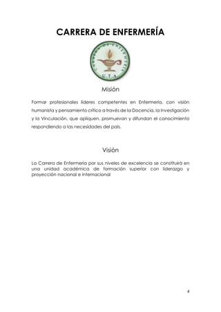 4
CARRERA DE ENFERMERÍA
Misión
Formar profesionales líderes competentes en Enfermería, con visión
humanista y pensamiento crítico a través de la Docencia, la Investigación
y la Vinculación, que apliquen, promuevan y difundan el conocimiento
respondiendo a las necesidades del país.
Visión
La Carrera de Enfermería por sus niveles de excelencia se constituirá en
una unidad académica de formación superior con liderazgo y
proyección nacional e internacional
 