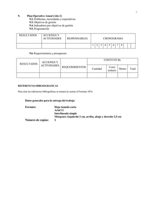 3
9. Plan Operativo Anual (Año 1)
9.2. Problemas, necesidades y expectativas
9.3. Objetivos de gestión
9.4. Indicadores por objetivos de gestión
9.5. Programación
RESULTADOS ACCIONES Y
ACTIVIDADES RESPONSABLES CRONOGRAMA
1 2 3 4 5 6 7 8
9.6. Requerimientos y presupuesto
RESULTADOS
ACCIONES Y
ACTIVIDADES
REQUERIMIENTOS
COSTO EN Bs.
Cantidad
Costo
unitario
Monto Total
REFERENCIAS BIBLIOGRAFICAS
Para citar las referencias bibliográficas se tomará en cuenta el Formato APA.
Datos generales para la entrega del trabajo
Formato: Hoja tamaño carta
Arial 11
Interlineado simple
Márgenes: Izquierdo 3 cm, arriba, abajo y derecho 2,5 cm
Número de copias: 1
 
