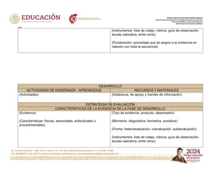 Av. Universidad No. 1200, Piso 4, Sector 21, Col. Xoco Alcaldía Benito Juárez, C.P. 03330, CDMX
Tel. 5536002511 ext. 60777 correo electrónico: subdireccion. innovacademica@dgeti.sems.gob.mx
Subsecretaría de Educación Media Superior
Dirección General de Educación Tecnológica Industrial y de Servicios
Dirección Académica e Innovación Educativa
Subdirección de Innovación Académica
xxxxx
(Instrumentos: lista de cotejo, rúbrica, guía de observación,
escala valorativa, entre otros)
(Ponderación: porcentaje que se asigna a la evidencia en
relación con toda la secuencia)
DESARROLLO
ACTIVIDADES DE ENSEÑANZA - APRENDIZAJE RECURSOS Y MATERIALES
(Actividades) (Didácticos, de apoyo y fuentes de información)
ESTRATEGIA DE EVALUACIÓN
CARACTERÍSTICAS DE LA EVIDENCIA DE LA FASE DE DESARROLLO
(Evidencia)
(Características: físicas, sensoriales, actitudinales o
procedimentales)
(Tipo de evidencia: producto, desempeño)
(Momento: diagnóstica, formativa, sumativa)
(Forma: heteroevaluación, coevaluación, autoevaluación)
(Instrumentos: lista de cotejo, rúbrica, guía de observación,
escala valorativa, entre otros)
 