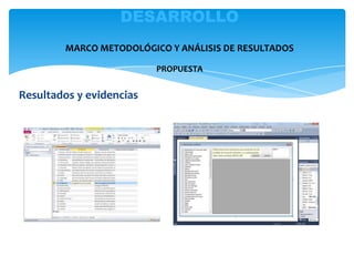 Resultados y evidencias
DESARROLLO
MARCO METODOLÓGICO Y ANÁLISIS DE RESULTADOS
PROPUESTA
 