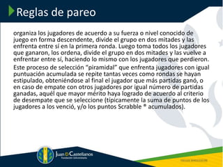 Reglas de pareo
organiza los jugadores de acuerdo a su fuerza o nivel conocido de
juego en forma descendente, divide el grupo en dos mitades y las
enfrenta entre sí en la primera ronda. Luego toma todos los jugadores
que ganaron, los ordena, divide el grupo en dos mitades y las vuelve a
enfrentar entre sí, haciendo lo mismo con los jugadores que perdieron.
Este proceso de selección “piramidal” que enfrenta jugadores con igual
puntuación acumulada se repite tantas veces como rondas se hayan
estipulado, obteniéndose al final el jugador que más partidas ganó, o
en caso de empate con otros jugadores por igual número de partidas
ganadas, aquél que mayor mérito haya logrado de acuerdo al criterio
de desempate que se seleccione (típicamente la suma de puntos de los
jugadores a los venció, y/o los puntos Scrabble ® acumulados).
 