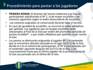 Procedimiento para parear a los jugadores
• PRIMERA RONDA: El director del torneo elaborará una lista de
participantes adjudicando el Nº 1, al de mayor escalafón y los
números siguientes según el orden descendente de escalafón.
• Los números asignados se conservarán durante todo el torneo.
• En caso de igualdad de escalafón, se recurrirá al orden alfabético
por apellido. Los jugadores que no tengan escalafón serán
adicionados al final de la lista por orden del promedio conocido de
puntos Scrabble® , o por orden alfabético por apellido, o por sorteo
al azar.
• Los pareos se efectuarán asignando al jugador Nº 1 el contendor
que se encuentre ubicado colocado en el lugar (n/2+1) de la lista,
donde el n es el número de participantes. El Nº 2 será pareado con
el contendor siguiente después del (n/2+1) de la lista, y así
sucesivamente hasta que el último jugador de la primera mitad de
la lista sea pareado con el último de la lista.
 