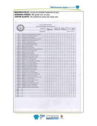 MAUREN POLO: La paz es posible hagamos la paz.
ADRIANA PARRA: Me gusta vivir en paz.
JOSTIN ALZATE: No peleemos para que haya paz.
 