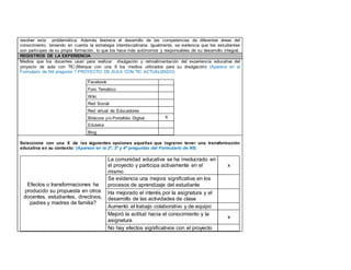resolver esta problemática. Además favorece el desarrollo de las competencias de diferentes áreas del 
conocimiento, teniendo en cuenta la estrategia interdisciplinaria. Igualmente, se evidencia que los estudiantes 
son partícipes de su propia formación, lo que los hace más autónomos y responsables de su desarrollo integral. 
REGISTROS DE LA EXPERIENCIA 
Medios que los docentes usan para realizar divulgación y retroalimentación del experiencia educativa del 
proyecto de aula con TIC:(Marque con una X los medios utilizados para su divulgación) (Aparece en el 
Formulario de N4 pregunta 1 PROYECTO DE AULA CON TIC ACTUALIZADO) 
Facebook 
Foro Temático 
Wiki 
Red Social 
Red virtual de Educadores 
Bitácora y/o Portafolio Digital X 
Eduteka 
Blog 
Seleccione con una X de las siguientes opciones aquellas que lograron tener una transformación 
educativa en su contexto: (Aparece en la 2ª, 3ª y 4ª preguntas del Formulario de N5) 
Efectos o transformaciones ha 
producido su propuesta en otros 
docentes, estudiantes, directivos, 
padres y madres de familia? 
La comunidad educativa se ha involucrado en 
el proyecto y participa activamente en el 
mismo 
x 
Se evidencia una mejora significativa en los 
procesos de aprendizaje del estudiante 
Ha mejorado el interés por la asignatura y el 
desarrollo de las actividades de clase 
Aumentó el trabajo colaborativo y de equipo 
Mejoró la actitud hacia el conocimiento y la 
asignatura 
x 
No hay efectos significativos con el proyecto 
 