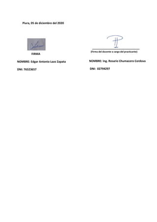 Piura, 05 de diciembre del 2020
FIRMA
NOMBRE: Edgar Antonio Lazo Zapata
DNI: 76523657
(Firma del docente a cargo del practicante)
NOMBRE: Ing. Rosario Chumacero Cordova
DNI: 02794297
 