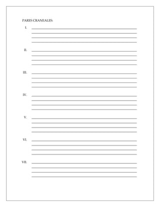 PARES CRANEALES:

  I.   ___________________________________________________________________
       ___________________________________________________________________
       ___________________________________________________________________
       ___________________________________________________________________

 II.   ___________________________________________________________________
       ___________________________________________________________________
       ___________________________________________________________________
       ___________________________________________________________________

III.   ___________________________________________________________________
       ___________________________________________________________________
       ___________________________________________________________________
       ___________________________________________________________________

IV.    ___________________________________________________________________
       ___________________________________________________________________
       ___________________________________________________________________
       ___________________________________________________________________

 V.    ___________________________________________________________________
       ___________________________________________________________________
       ___________________________________________________________________
       ___________________________________________________________________

VI.    ___________________________________________________________________
       ___________________________________________________________________
       ___________________________________________________________________
       ___________________________________________________________________

VII.   ___________________________________________________________________
       ___________________________________________________________________
       ___________________________________________________________________
       ___________________________________________________________________
 